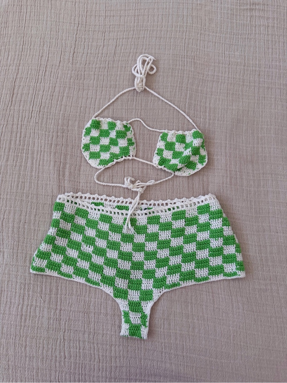 Frankie's Bikinis Green and White Crochet Check Bikini Set